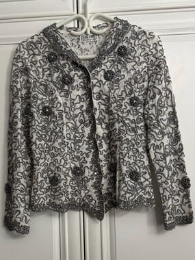 Valenti Embroidered Embellished White & Silver Beaded Evening Jacket Cocktails